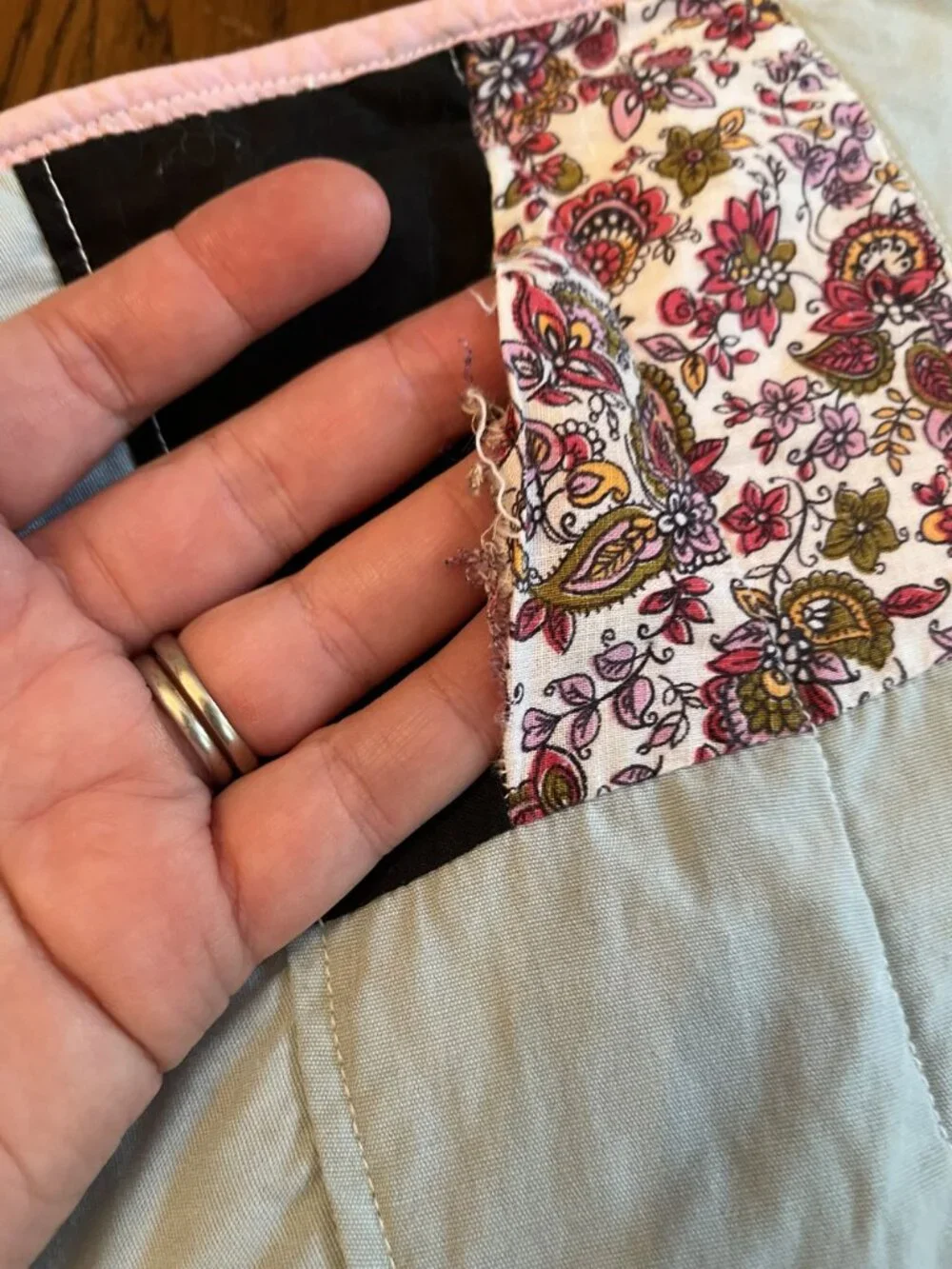 Handmade Vintage Patchwork Quilt With Multi-Color Squares & Pink Trim